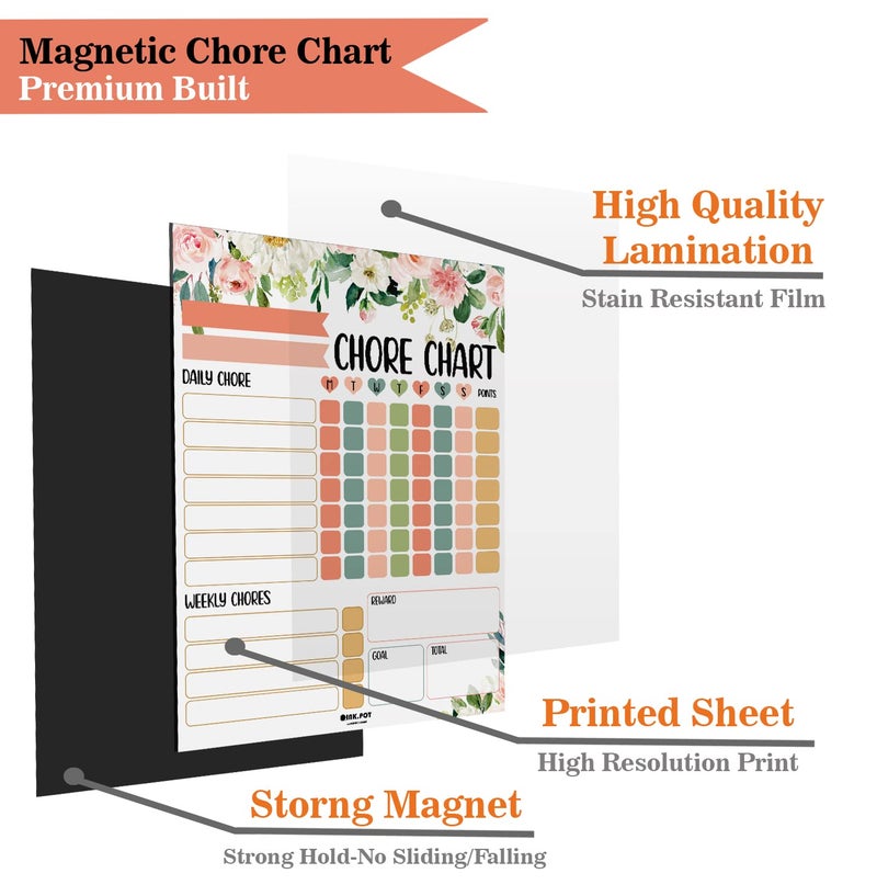 Inkdotpot Magnetic Dry Erase Weekly/Daily Chore Chart Schedule Board for Kids Chores Reward Chart,Good Behavior Chart Blank Magnetic List with 2 Dry Erase Markers (Florals) - Image 4