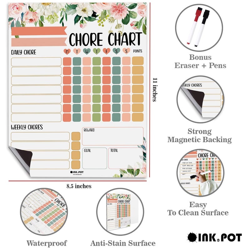 Inkdotpot Magnetic Dry Erase Weekly/Daily Chore Chart Schedule Board for Kids Chores Reward Chart,Good Behavior Chart Blank Magnetic List with 2 Dry Erase Markers (Florals) - Image 3