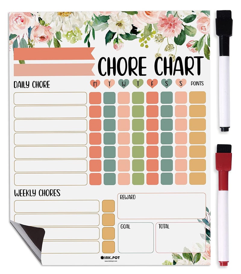 Inkdotpot Magnetic Dry Erase Weekly/Daily Chore Chart Schedule Board for Kids Chores Reward Chart,Good Behavior Chart Blank Magnetic List with 2 Dry Erase Markers (Florals) - Image 1