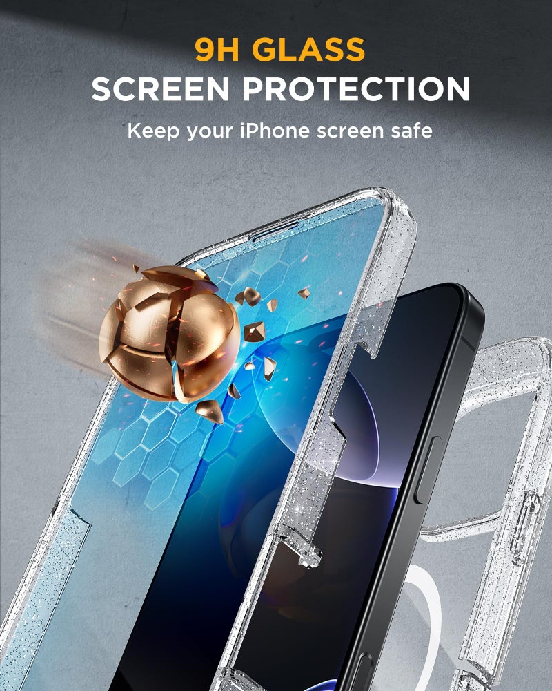 Miracase for iPhone 16 Pro Max Case 6.9'', [Bubble Free] Full-Body Bumper Phone case with Built-in Full Glass Screen &Lens Protector,Compatible with MagSafe,Drop Proof 16 Pro Max Cover,Clear Glitter - Image 4