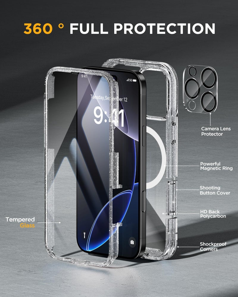 Miracase for iPhone 16 Pro Max Case 6.9'', [Bubble Free] Full-Body Bumper Phone case with Built-in Full Glass Screen &Lens Protector,Compatible with MagSafe,Drop Proof 16 Pro Max Cover,Clear Glitter - Image 3