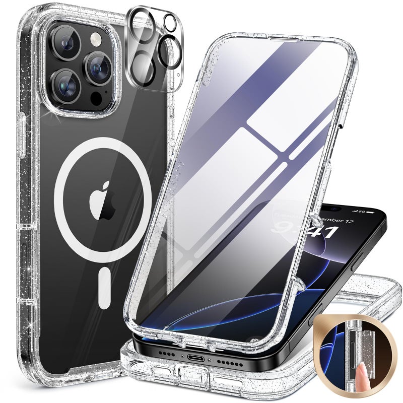 Miracase for iPhone 16 Pro Max Case 6.9'', [Bubble Free] Full-Body Bumper Phone case with Built-in Full Glass Screen &Lens Protector,Compatible with MagSafe,Drop Proof 16 Pro Max Cover,Clear Glitter - Image 1