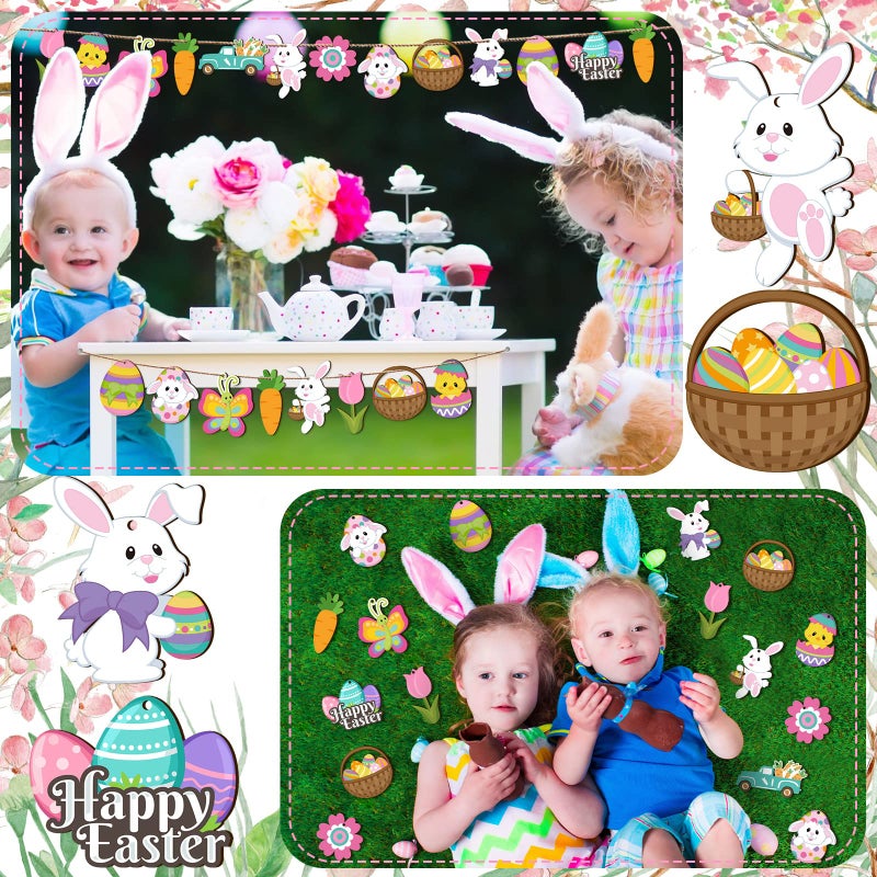 Qunclay 24 Pcs Spring Easter Wooden Ornaments Flower Bunny Egg Hanging Sign for Tree Easter Wooden Decorations with Strings Hanging Ornaments for Party Home Classroom Decor(Bunny Egg Flower) - Image 5