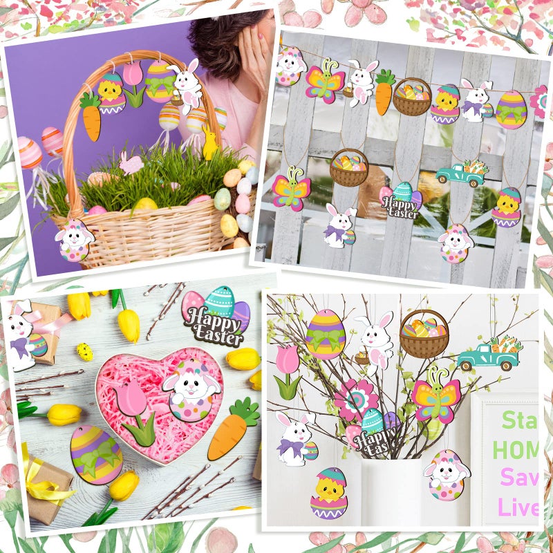 Qunclay 24 Pcs Spring Easter Wooden Ornaments Flower Bunny Egg Hanging Sign for Tree Easter Wooden Decorations with Strings Hanging Ornaments for Party Home Classroom Decor(Bunny Egg Flower) - Image 4