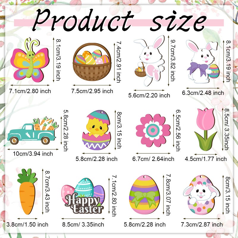 Qunclay 24 Pcs Spring Easter Wooden Ornaments Flower Bunny Egg Hanging Sign for Tree Easter Wooden Decorations with Strings Hanging Ornaments for Party Home Classroom Decor(Bunny Egg Flower) - Image 3