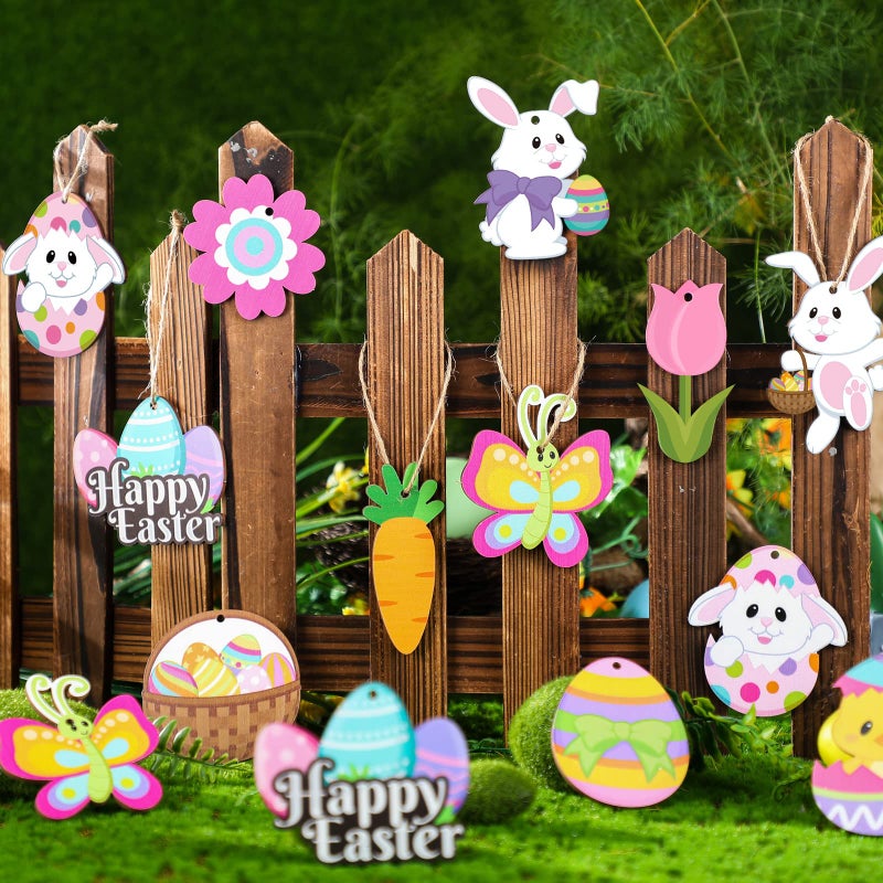 Qunclay 24 Pcs Spring Easter Wooden Ornaments Flower Bunny Egg Hanging Sign for Tree Easter Wooden Decorations with Strings Hanging Ornaments for Party Home Classroom Decor(Bunny Egg Flower) - Image 2