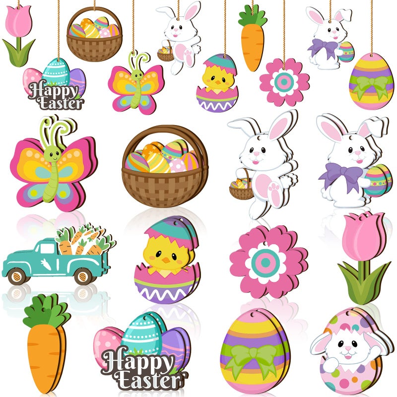 Qunclay 24 Pcs Spring Easter Wooden Ornaments Flower Bunny Egg Hanging Sign for Tree Easter Wooden Decorations with Strings Hanging Ornaments for Party Home Classroom Decor(Bunny Egg Flower) - Image 1