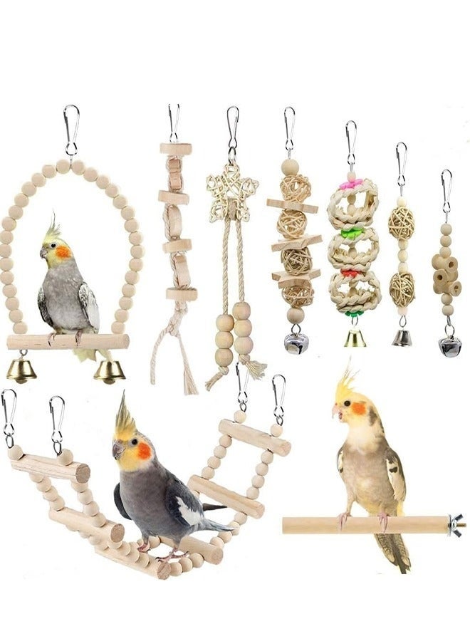 Natural Wood Bird and Parrot Swing Toys Includes Hanging Chew Swing, Climbing Ladder and Bird Cage for Parrot, Parakeet, Conure, Cockatiel, Mynah, Lovebirds and Finches, 9 Pieces - Image 1