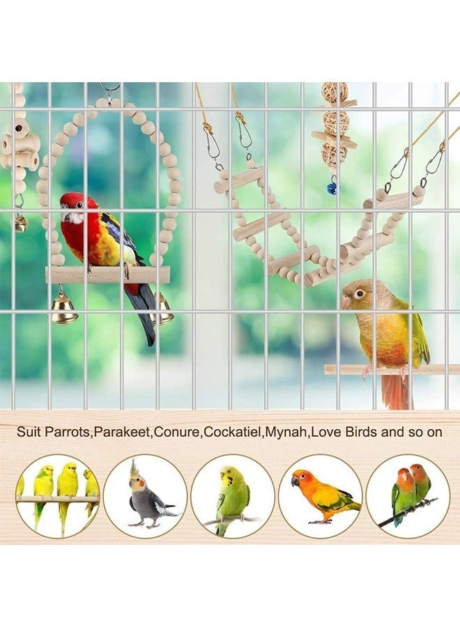 Natural Wood Bird and Parrot Swing Toys Includes Hanging Chew Swing, Climbing Ladder and Bird Cage for Parrot, Parakeet, Conure, Cockatiel, Mynah, Lovebirds and Finches, 9 Pieces - Image 2