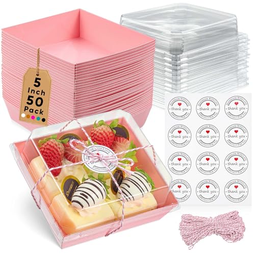 Leafiew 50 Pack Small Clear Treat Boxes - Dessert Boxes To Go - 5Inch Disposable Paper Mini Containers for Cookie, Cake Slice, Charcuterie, Bakery, Pastry, Strawberry, Baked Goods Packaging (Pink) - Image 1