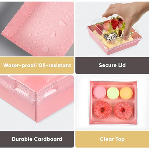 Leafiew 50 Pack Small Clear Treat Boxes - Dessert Boxes To Go - 5Inch Disposable Paper Mini Containers for Cookie, Cake Slice, Charcuterie, Bakery, Pastry, Strawberry, Baked Goods Packaging (Pink) - Image 4