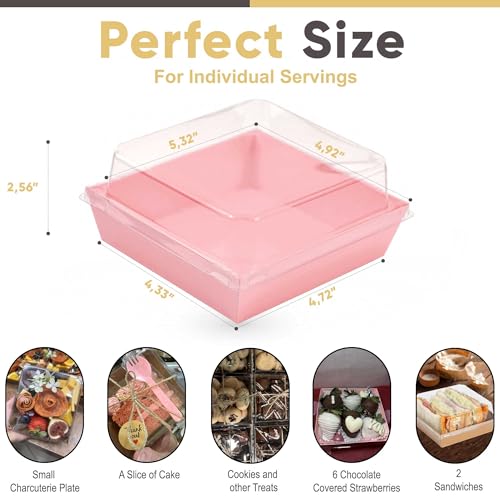 Leafiew 50 Pack Small Clear Treat Boxes - Dessert Boxes To Go - 5Inch Disposable Paper Mini Containers for Cookie, Cake Slice, Charcuterie, Bakery, Pastry, Strawberry, Baked Goods Packaging (Pink) - Image 2