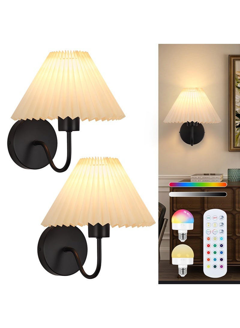 WALALLA Wall Sconces Sets of 2 RGB Battery Operated Wall Sconces for Bedroom Dresser Classic Black Wall Lamp with Remote for Living Room Bathroom Dining Room Corridor Staircase (2 Bulbs Included) - Image 1