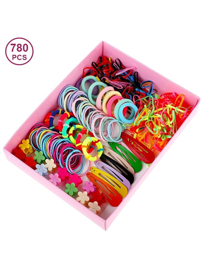 780Pcs Girls Hair Accessories Set, Assorted Colors Hair Tie Set for Girls, Scrunchies, Elastic Hair Bands, Snap Clip, Hair Clips, Mini Flower Hair Claws for Women Girls (Color Random) - Image 1