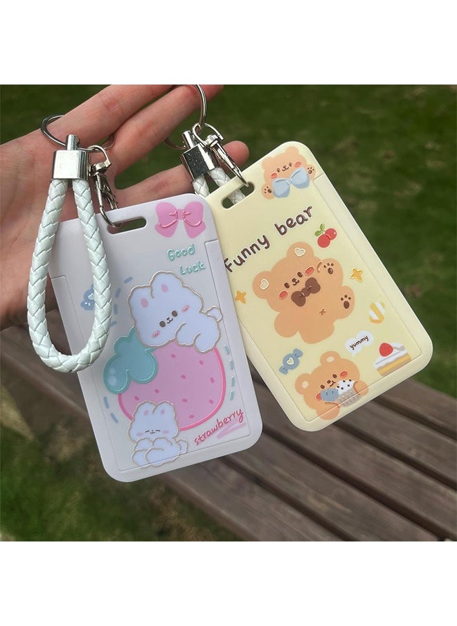 HY 2 Pcs Kpop Photocard Holder Keychain Cartoon Animal PC Holder Kpop ID Badge Holder with Keychain Student Bus Card Pendant Keychain Hard Shell Protective Photo Sleeves (White and Yellow)  - Image 2