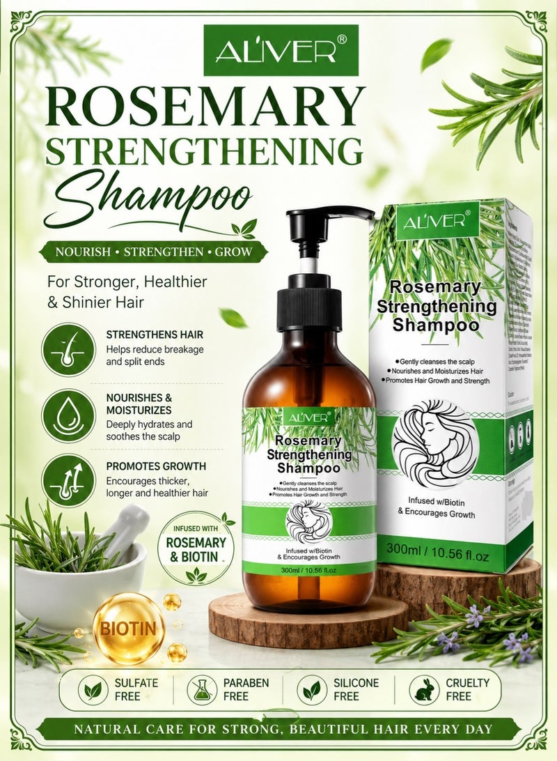 ALIVER Rosemary Strengthening Shampoo Infused with Biotin, Gently Cleanses Scalp and Helps Hair Growth and Strengthen Weak and Brittle Hair, 300ml - Image 1