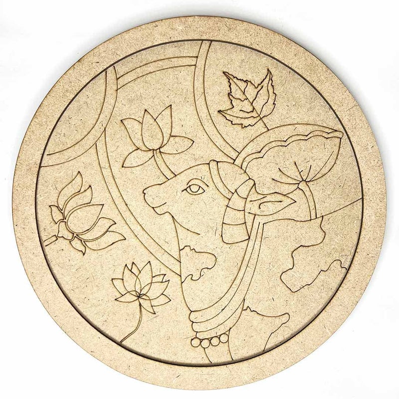 TANGYOAK Pichwai Cow Lotus Mdf Design Engraved Wall Plate With Frame DIY Craft Set Of 6 - Image 1