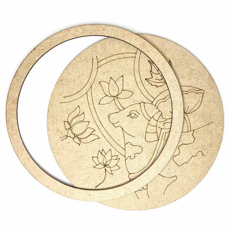 TANGYOAK Pichwai Cow Lotus Mdf Design Engraved Wall Plate With Frame DIY Craft Set Of 6 - Image 2