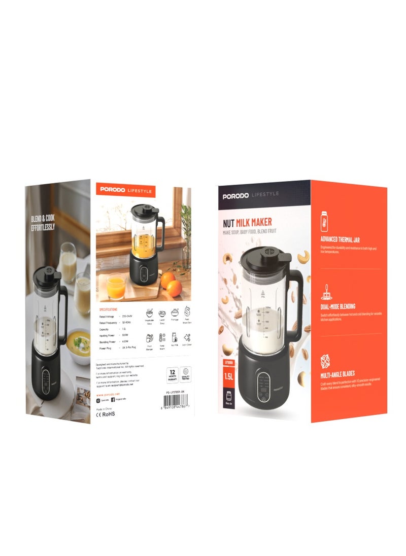porodo - Nut Milk Maker 1.5L with Dual-Mode Blending Hot and Cold 400W / Advanced Thermal Jar / Make Soup / Baby Food / Blend Fruit / Auto-Clean / Fruit Blender / Keep Warm / High and Low Temperatures - Black - Image 1