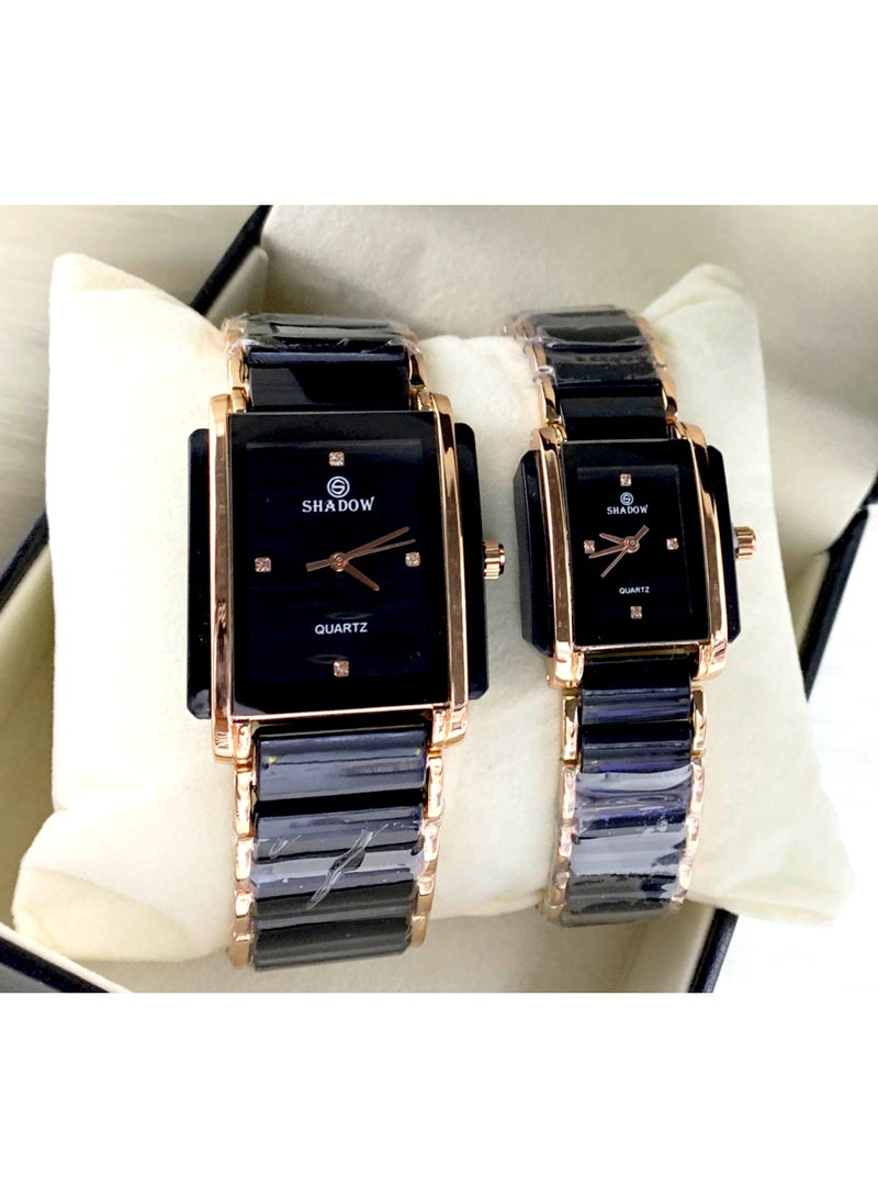 شادو ساعات زوجية شادو فاخرة - طقم أنيق بتصميم مستطيل ولون ثنائي - Image 1