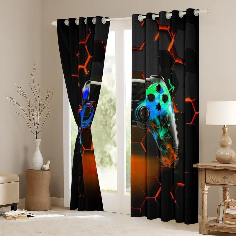 Man Fei Modern Gamer Window Curtains Orange Honeycomb Gamepad Window Treatments, Children Gaming Window Drapes for Kids Boys Teens Adults Grommet Top 2 Panel Set Bedroom Curtains, 66Wx90L inch - Image 3
