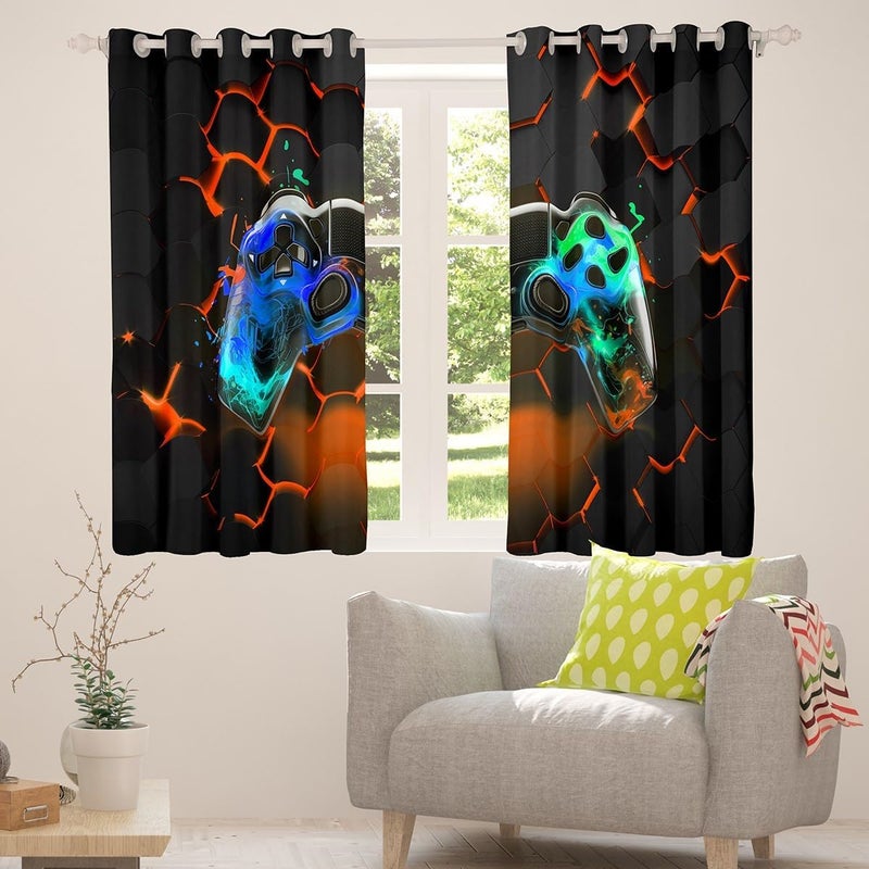 Man Fei Modern Gamer Window Curtains Orange Honeycomb Gamepad Window Treatments, Children Gaming Window Drapes for Kids Boys Teens Adults Grommet Top 2 Panel Set Bedroom Curtains, 66Wx90L inch - Image 4