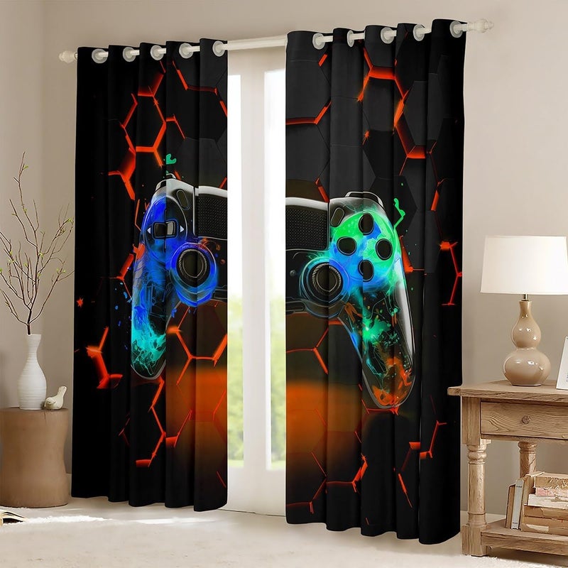 Man Fei Modern Gamer Window Curtains Orange Honeycomb Gamepad Window Treatments, Children Gaming Window Drapes for Kids Boys Teens Adults Grommet Top 2 Panel Set Bedroom Curtains, 66Wx90L inch - Image 2