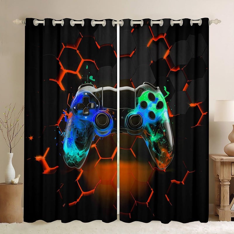 Man Fei Modern Gamer Window Curtains Orange Honeycomb Gamepad Window Treatments, Children Gaming Window Drapes for Kids Boys Teens Adults Grommet Top 2 Panel Set Bedroom Curtains, 66Wx90L inch - Image 1