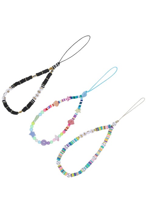 Beaded Phone Charm String Lanyard Wrist Strap Colorful Shell Starfish Pearl Letters Polymer Clay Bead Phone Chains Keychain Rainbow Acrylic Beads Bracelet (3Pcs)