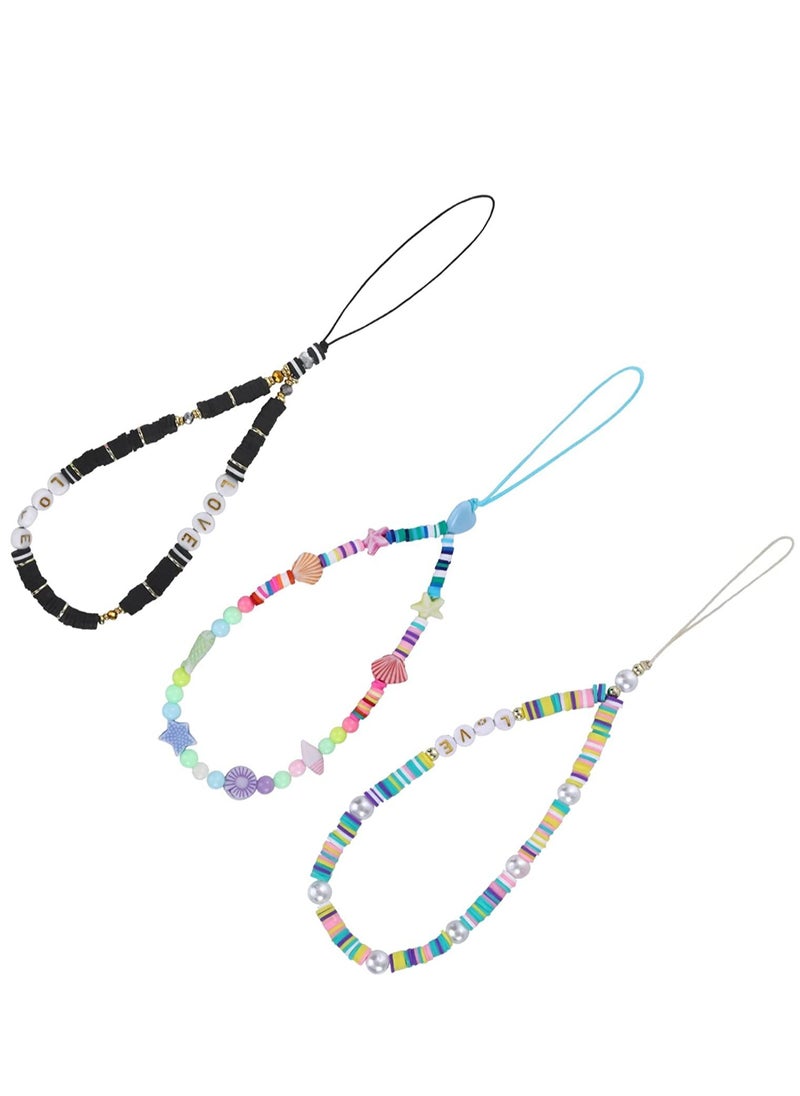 KASTWAVE Beaded Phone Charm String Lanyard Wrist Strap Colorful Shell Starfish Pearl Letters Polymer Clay Bead Phone Chains Keychain Rainbow Acrylic Beads Bracelet (3Pcs)  - Image 1