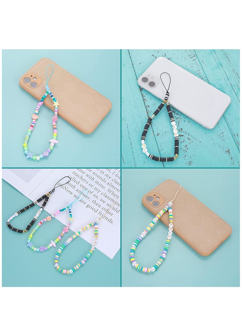 Beaded Phone Charm String Lanyard Wrist Strap Colorful Shell Starfish Pearl Letters Polymer Clay Bead Phone Chains Keychain Rainbow Acrylic Beads Bracelet (3Pcs)