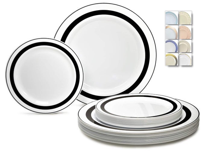 OCCASIONS 240 PLATES PACK120 GUESTS HEAVYWEIGHT PREMIUM WEDDING PARTY DISPOSABLE PLASTIC PLATES SET 120 X 105 DINNER 120 X 75 SALADDESSERT SOLEIL IN WHITE BLACK