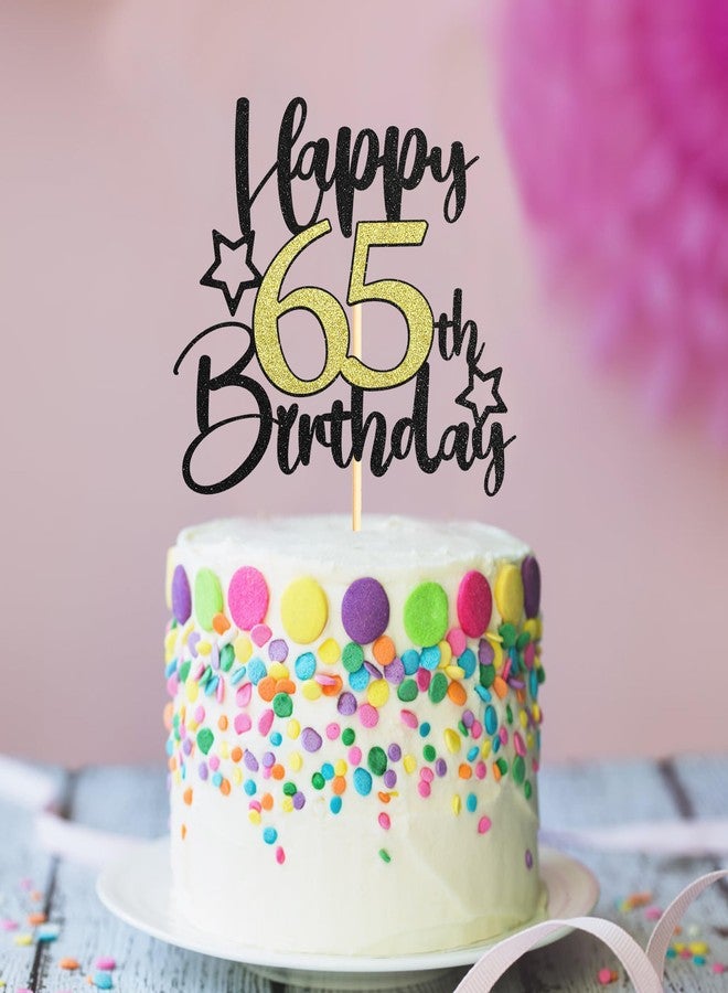 Sotpot 1PC Happy 65th Birthday Cake Topper with Star Pattern Black Gold Glitter Cake Pick Cake Decoration for 65th Birthday Theme Party Cake Decorations Supplies - Image 4