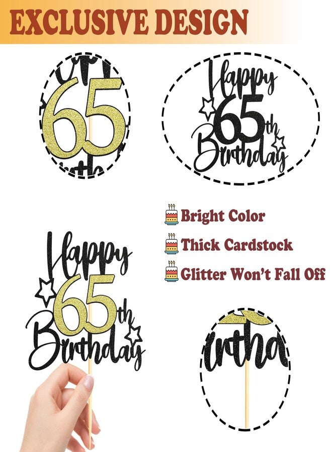 Sotpot 1PC Happy 65th Birthday Cake Topper with Star Pattern Black Gold Glitter Cake Pick Cake Decoration for 65th Birthday Theme Party Cake Decorations Supplies - Image 3