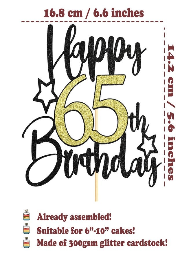 Sotpot 1PC Happy 65th Birthday Cake Topper with Star Pattern Black Gold Glitter Cake Pick Cake Decoration for 65th Birthday Theme Party Cake Decorations Supplies - Image 2