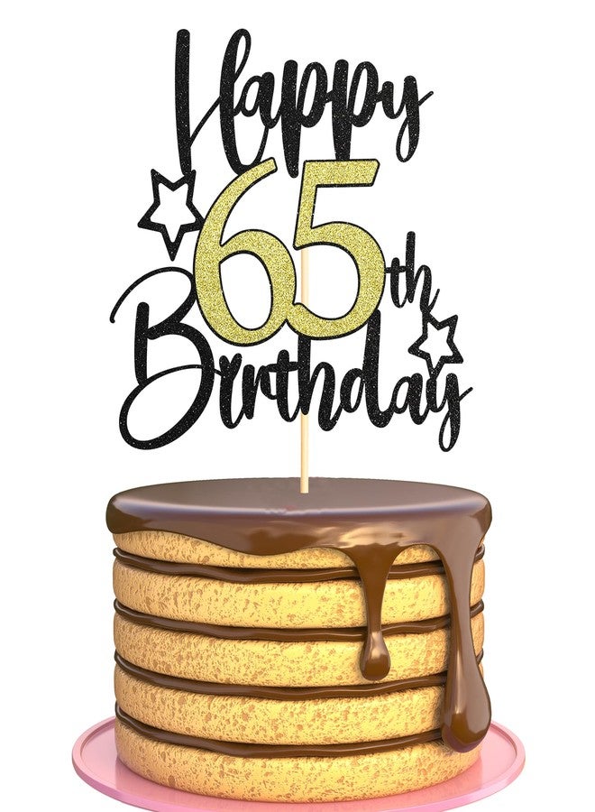 Sotpot 1PC Happy 65th Birthday Cake Topper with Star Pattern Black Gold Glitter Cake Pick Cake Decoration for 65th Birthday Theme Party Cake Decorations Supplies - Image 1