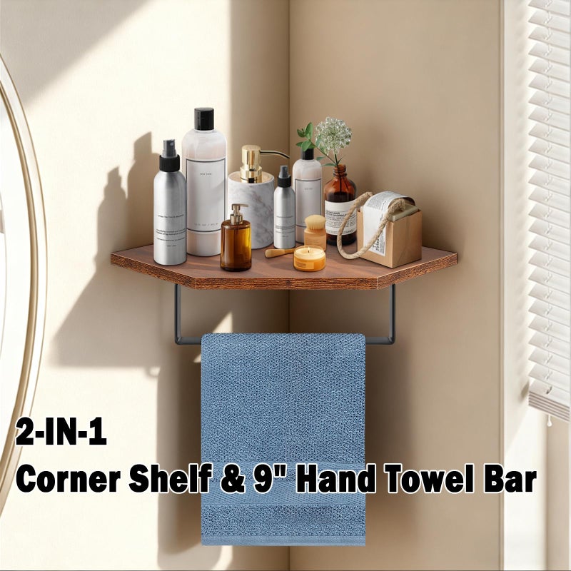 Winmien Hand Towel Holder/Towel Ring with Wooden Shelf, Hand Towel Rack, Hand Towel Hanger for Bathroom, Corner Bath Accessories Wall Mounted, Matte Black (9.2"-Diamond Shaped) - Image 3