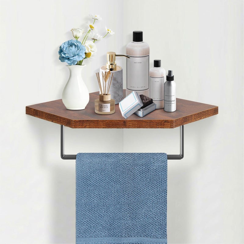 Winmien Hand Towel Holder/Towel Ring with Wooden Shelf, Hand Towel Rack, Hand Towel Hanger for Bathroom, Corner Bath Accessories Wall Mounted, Matte Black (9.2"-Diamond Shaped) - Image 1