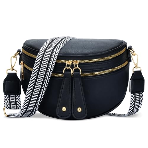 KKXIU Crossbody Sling Bag for Women Trendy Fanny Pack Vegan Leather Chest Bag (All Black) - Image 1
