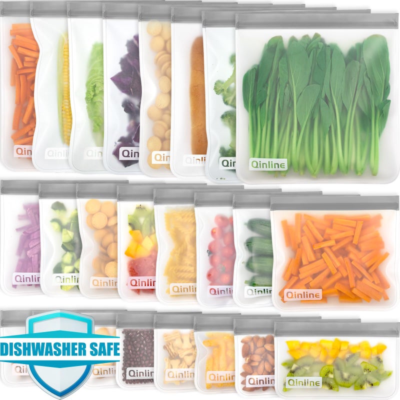 Qinline Reusable Food Storage Bags  24 Pack Freezer Bags Reusable Bags Silicone Extra Thick Leakproof Reusable Lunch Bag for Salad Fruit Meats Travel  8 Gallon 8 Sandwich 8 Snack Bags
