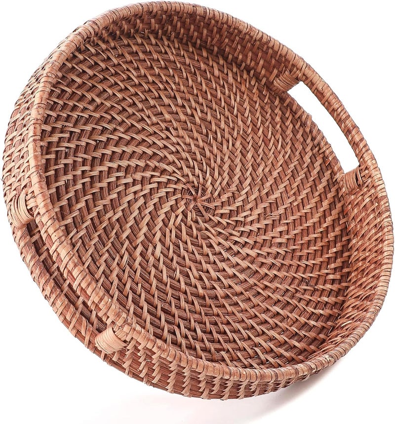 HITOMEN 11.8" Hand-Woven Round Rattan Serving Tray Decorative Wicker Trays with Handles for Coffee Table (Honey Brown-M) - Image 1