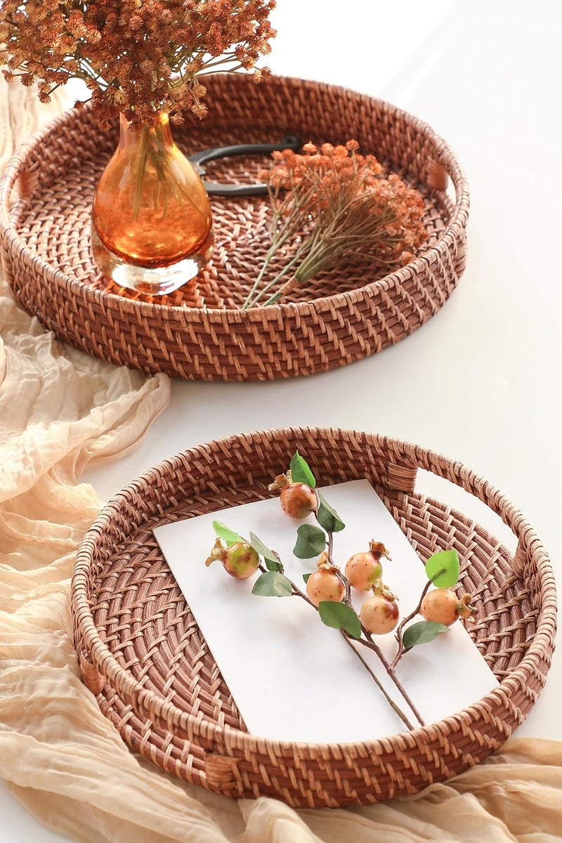 HITOMEN 11.8" Hand-Woven Round Rattan Serving Tray Decorative Wicker Trays with Handles for Coffee Table (Honey Brown-M) - Image 2