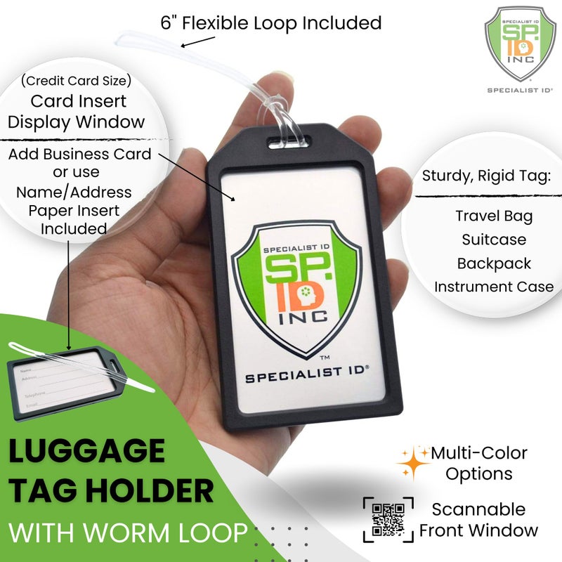 Specialist ID 5 Pack - Premium Rigid Airline Luggage Tag Holders with 6" Worm Loops - Heavy Duty Hard Plastic -Suitcase ID Tag Identifiers with Business Card Insert Window by Specialist ID (Translucent/Clear) - Image 2