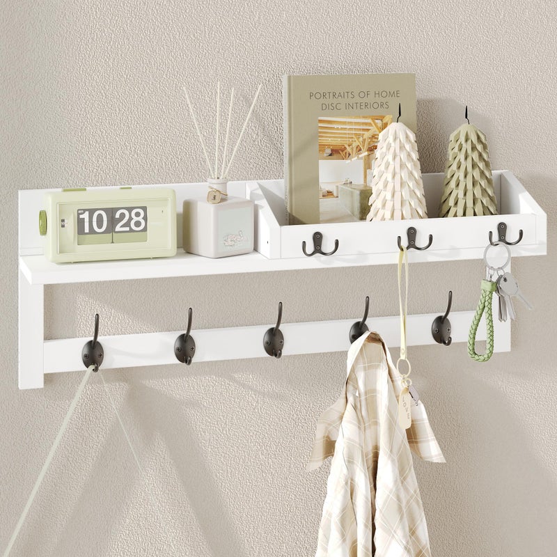 AMBIRD 2657Inch Wall Hanging Shelf With Coat Hooks Entryway Wood Rack With 5 Dual Hooks 3 Key Hooks Mail Organizer and Key Holder White