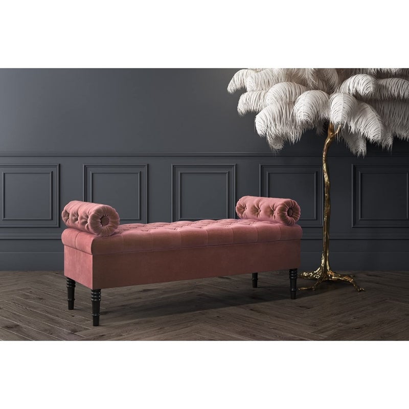 Wood Maker Bolster Velvet Tufted Storage Bench Ottoman Pouffe Footstool Sofa Couch Bed End Table Sofa Bench with Storage for Living Room Bedroom Office Settee L50D18H16 Blush Pink