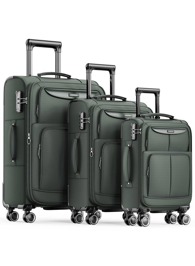 SHOWKOO Luggage Sets 3 Piece Softside Expandable Lightweight Durable Suitcase Sets Double Spinner Wheels Army Green, 20in/24in/28in - Image 1