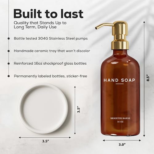 Brighter Barns Luxury Glass Hand Soap Dispenser Bathroom Set by Brighter Barns - Refillable Liquid Hand Soap Dispenser Set for Kitchen - Gold Bathroom Decor and Accessories for Airbnb, Spa, Hotel, Gifts (Amber/Gold) - Image 3