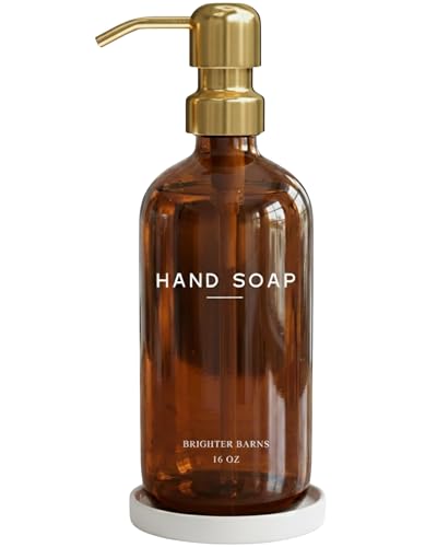 Brighter Barns Luxury Glass Hand Soap Dispenser Bathroom Set by Brighter Barns - Refillable Liquid Hand Soap Dispenser Set for Kitchen - Gold Bathroom Decor and Accessories for Airbnb, Spa, Hotel, Gifts (Amber/Gold) - Image 1