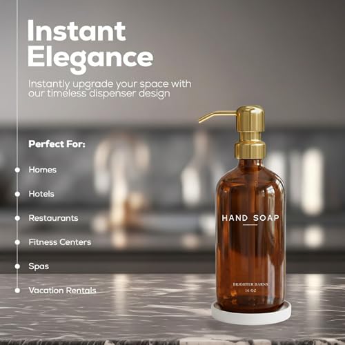 Brighter Barns Luxury Glass Hand Soap Dispenser Bathroom Set by Brighter Barns - Refillable Liquid Hand Soap Dispenser Set for Kitchen - Gold Bathroom Decor and Accessories for Airbnb, Spa, Hotel, Gifts (Amber/Gold) - Image 2