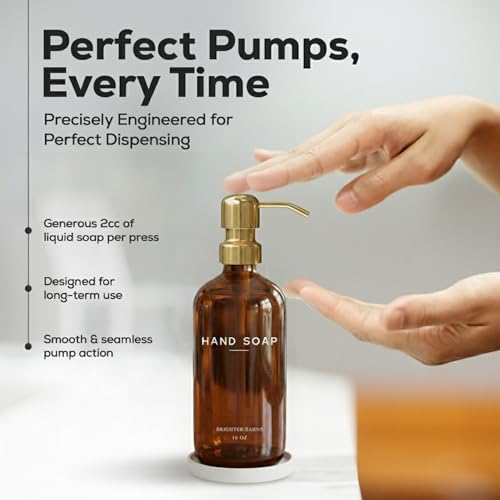 Brighter Barns Luxury Glass Hand Soap Dispenser Bathroom Set by Brighter Barns - Refillable Liquid Hand Soap Dispenser Set for Kitchen - Gold Bathroom Decor and Accessories for Airbnb, Spa, Hotel, Gifts (Amber/Gold) - Image 4